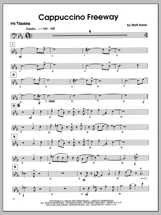 Learn to play Matt Harris Cappuccino Freeway - 4th Trombone sheet music for Jazz Ensemble in minutes. Matt Harris Cappuccino Freeway - 4th Trombone sheet music preview music notes and score for Jazz Ensemble including 4 page(s)