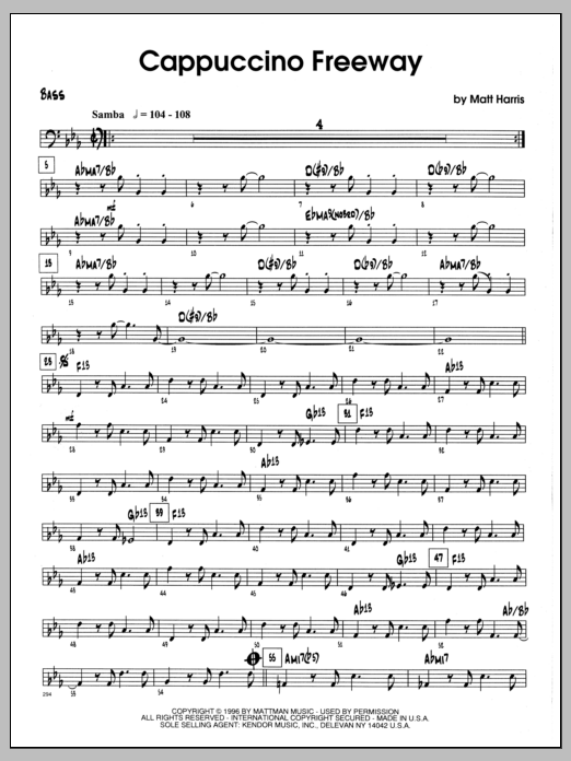 Learn to play Matt Harris Cappuccino Freeway - Bass sheet music for Jazz Ensemble in minutes. Matt Harris Cappuccino Freeway - Bass sheet music preview music notes and score for Jazz Ensemble including 4 page(s)