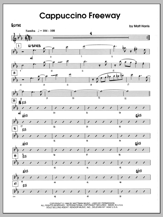 Learn to play Matt Harris Cappuccino Freeway - Guitar sheet music for Jazz Ensemble in minutes. Matt Harris Cappuccino Freeway - Guitar sheet music preview music notes and score for Jazz Ensemble including 1 page(s)