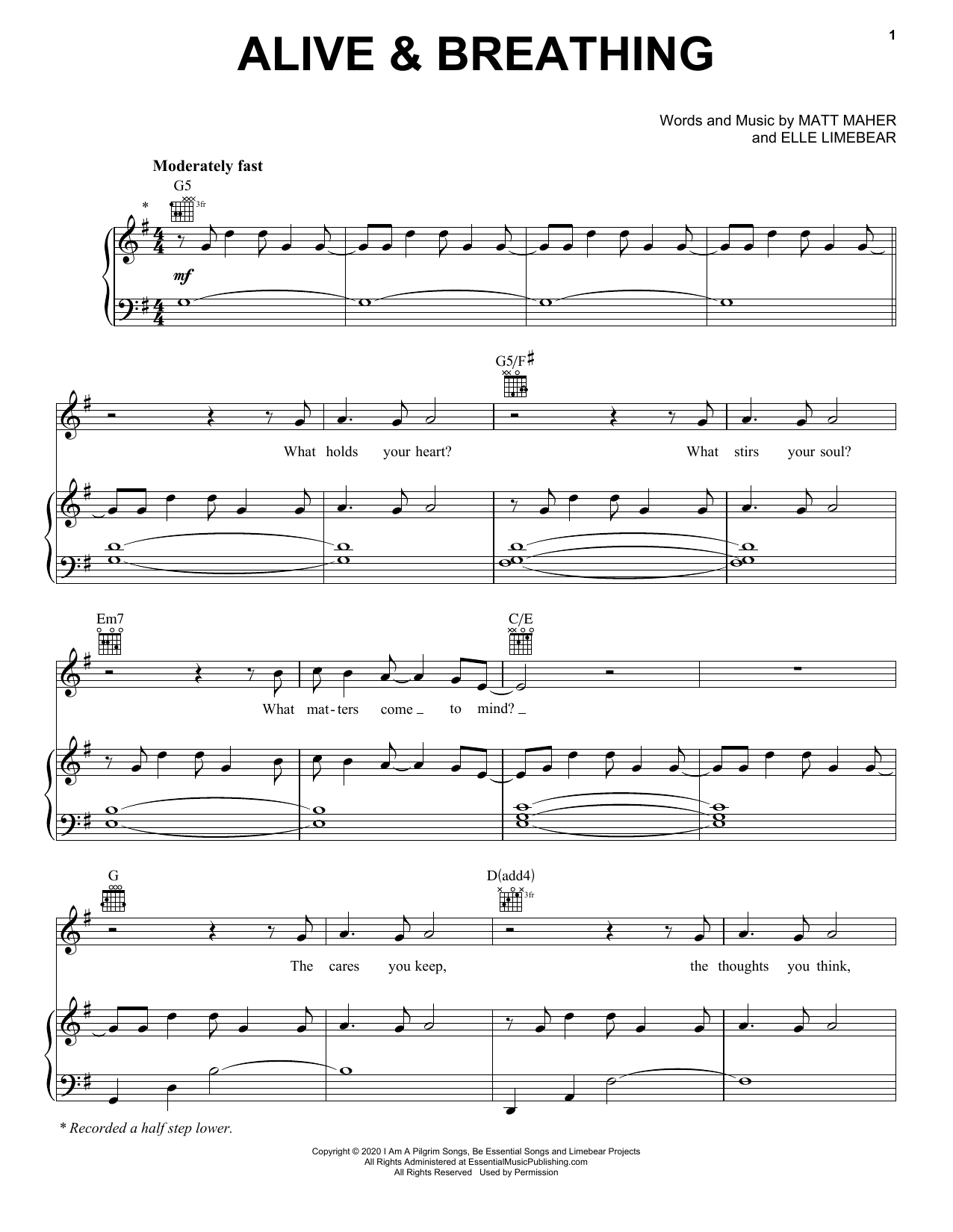 Learn to play Matt Maher Alive & Breathing (feat. Elle Limebear) sheet music for Piano, Vocal & Guitar (Right-Hand Melody) in minutes. Matt Maher Alive & Breathing (feat. Elle Limebear) sheet music preview music notes and score for Piano, Vocal & Guitar (Right-Hand Melody) including 6 page(s)