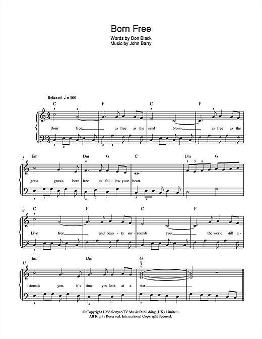 Learn to play Matt Monro Born Free sheet music for Beginner Piano in minutes. Matt Monro Born Free sheet music preview music notes and score for Beginner Piano including 2 page(s)