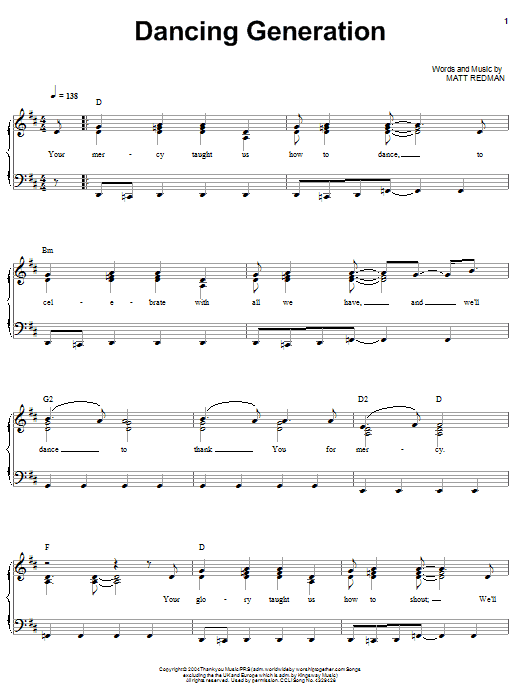 Learn to play Matt Redman Dancing Generation sheet music for Piano, Vocal & Guitar (Right-Hand Melody) in minutes. Matt Redman Dancing Generation sheet music notes and chords
