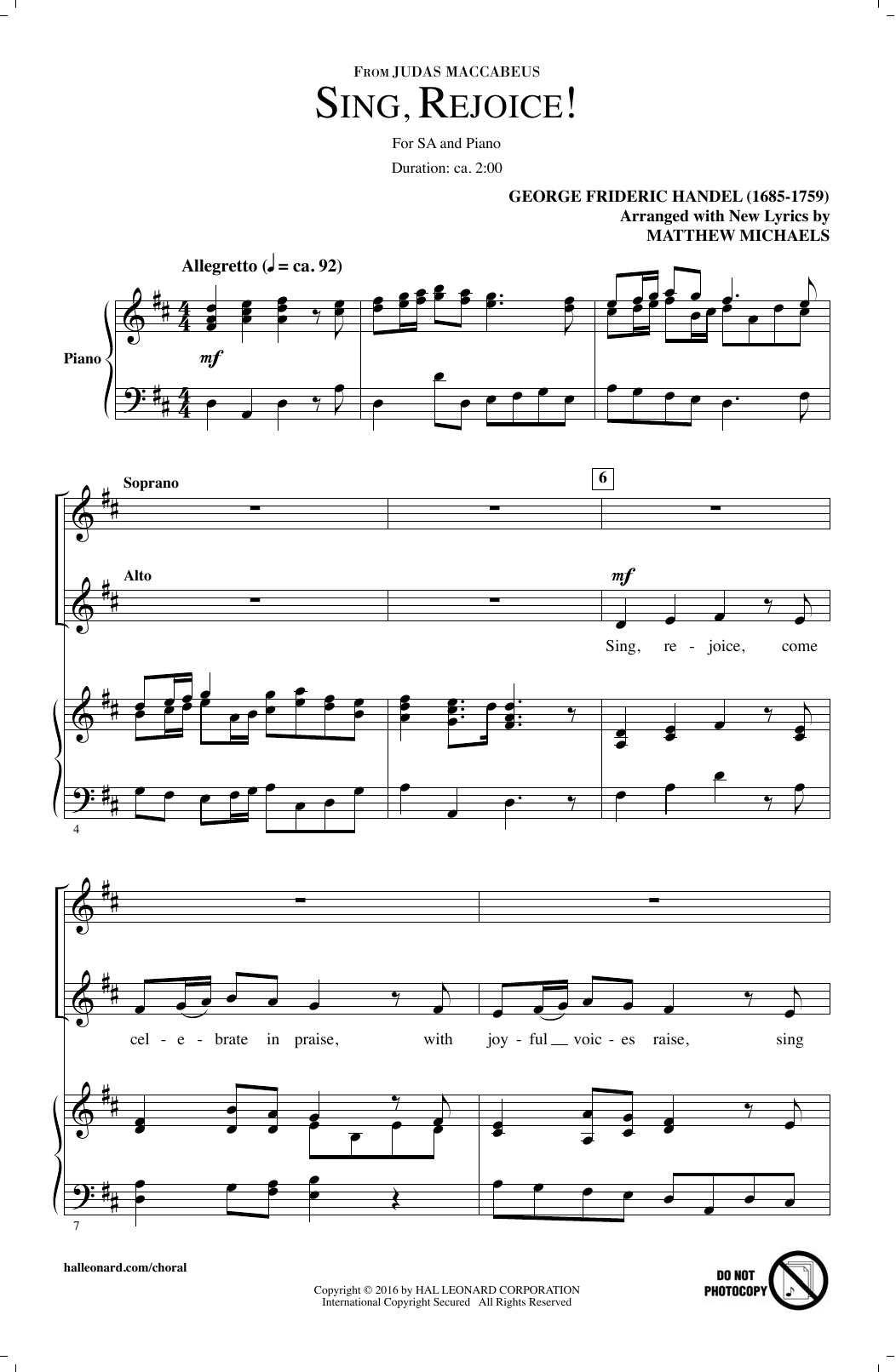 Matthew Michaels Sing, Rejoice! (from Judas Maccabaeus) sheet music, chords, lyrics - Printable PDF for SAB Choir