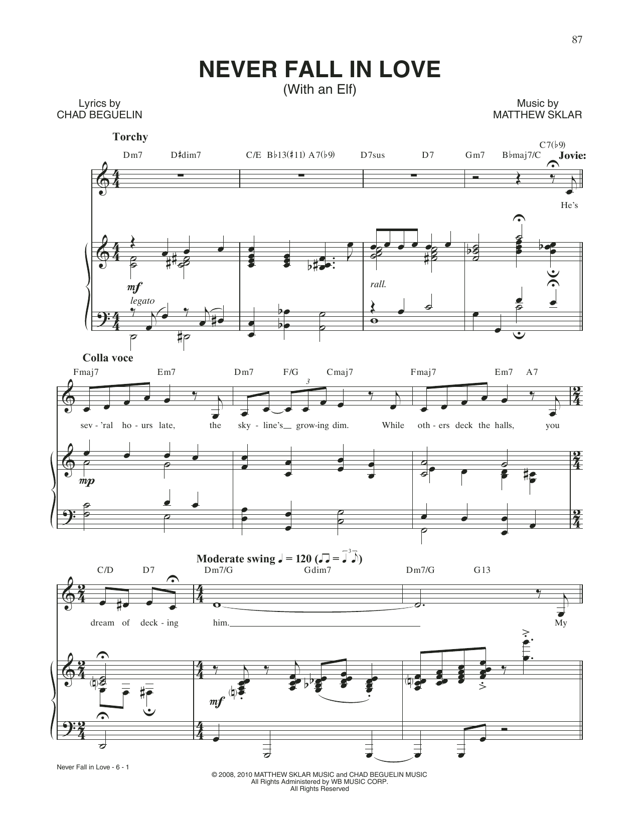 Matthew Sklar & Chad Beguelin Never Fall In Love (With An Elf) (from Elf: The Musical) sheet music, chords, lyrics - Printable PDF for Piano & Vocal