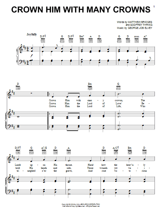 Learn to play Matthew Bridges Crown Him With Many Crowns sheet music for Piano, Vocal & Guitar (Right-Hand Melody) in minutes. Matthew Bridges Crown Him With Many Crowns sheet music preview music notes and score for Piano, Vocal & Guitar (Right-Hand Melody) including 2 page(s)