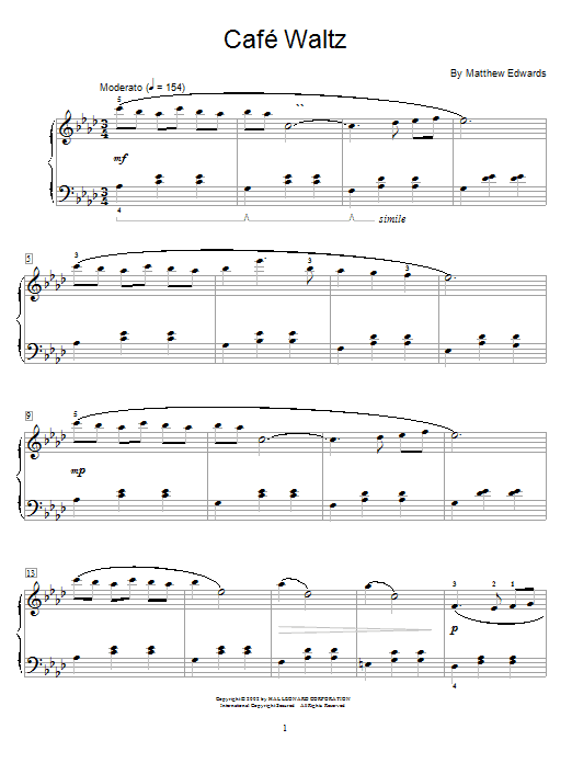Learn to play Matthew Edwards Cafe Waltz sheet music for Easy Piano in minutes. Matthew Edwards Cafe Waltz sheet music preview music notes and score for Easy Piano including 4 page(s)