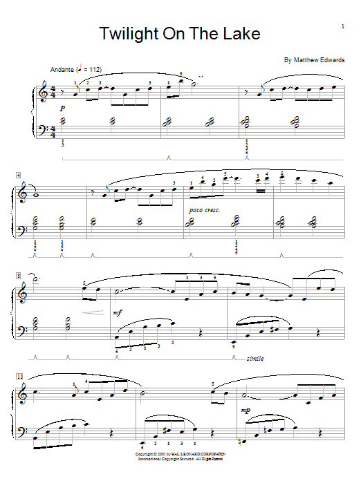 Learn to play Matthew Edwards Twilight On The Lake sheet music for Easy Piano in minutes. Matthew Edwards Twilight On The Lake sheet music preview music notes and score for Easy Piano including 4 page(s)