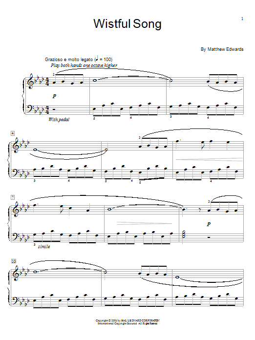 Learn to play Matthew Edwards Wistful Song sheet music for Easy Piano in minutes. Matthew Edwards Wistful Song sheet music preview music notes and score for Easy Piano including 5 page(s)