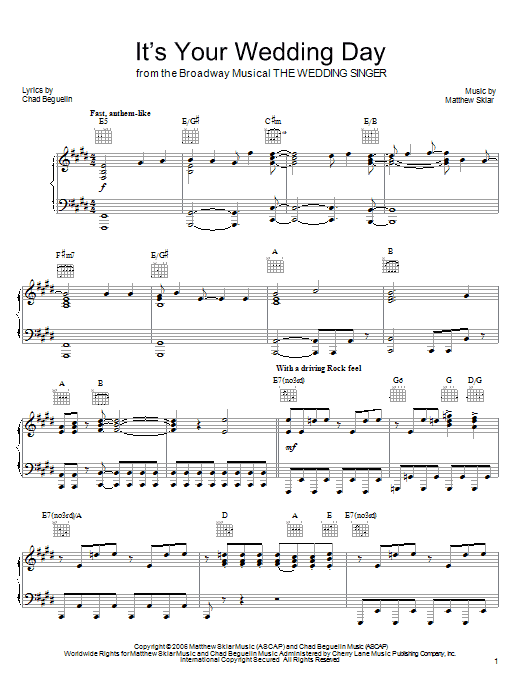 Learn to play Matthew Sklar It's Your Wedding Day sheet music for Piano, Vocal & Guitar (Right-Hand Melody) in minutes. Matthew Sklar It's Your Wedding Day sheet music preview music notes and score for Piano, Vocal & Guitar (Right-Hand Melody) including 10 page(s)