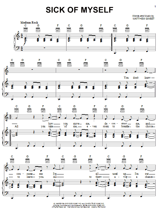 Matthew Sweet Sick Of Myself sheet music preview music notes and score for Piano, Vocal & Guitar (Right-Hand Melody) including 4 page(s)