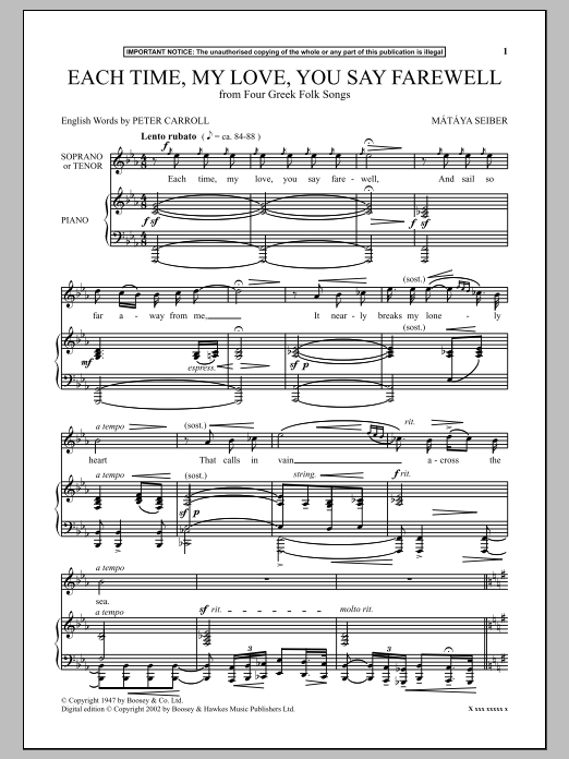 Mátyás Seiber Each Time, My Love, You Say Farewell (from Four Greek Folk Songs) sheet music, chords, lyrics - Printable PDF for Piano
