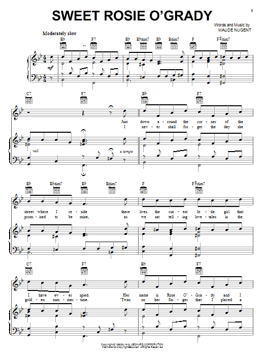 Learn to play Maude Nugent Sweet Rosie O'Grady sheet music for Piano, Vocal & Guitar (Right-Hand Melody) in minutes. Maude Nugent Sweet Rosie O'Grady sheet music preview music notes and score for Piano, Vocal & Guitar (Right-Hand Melody) including 3 page(s)