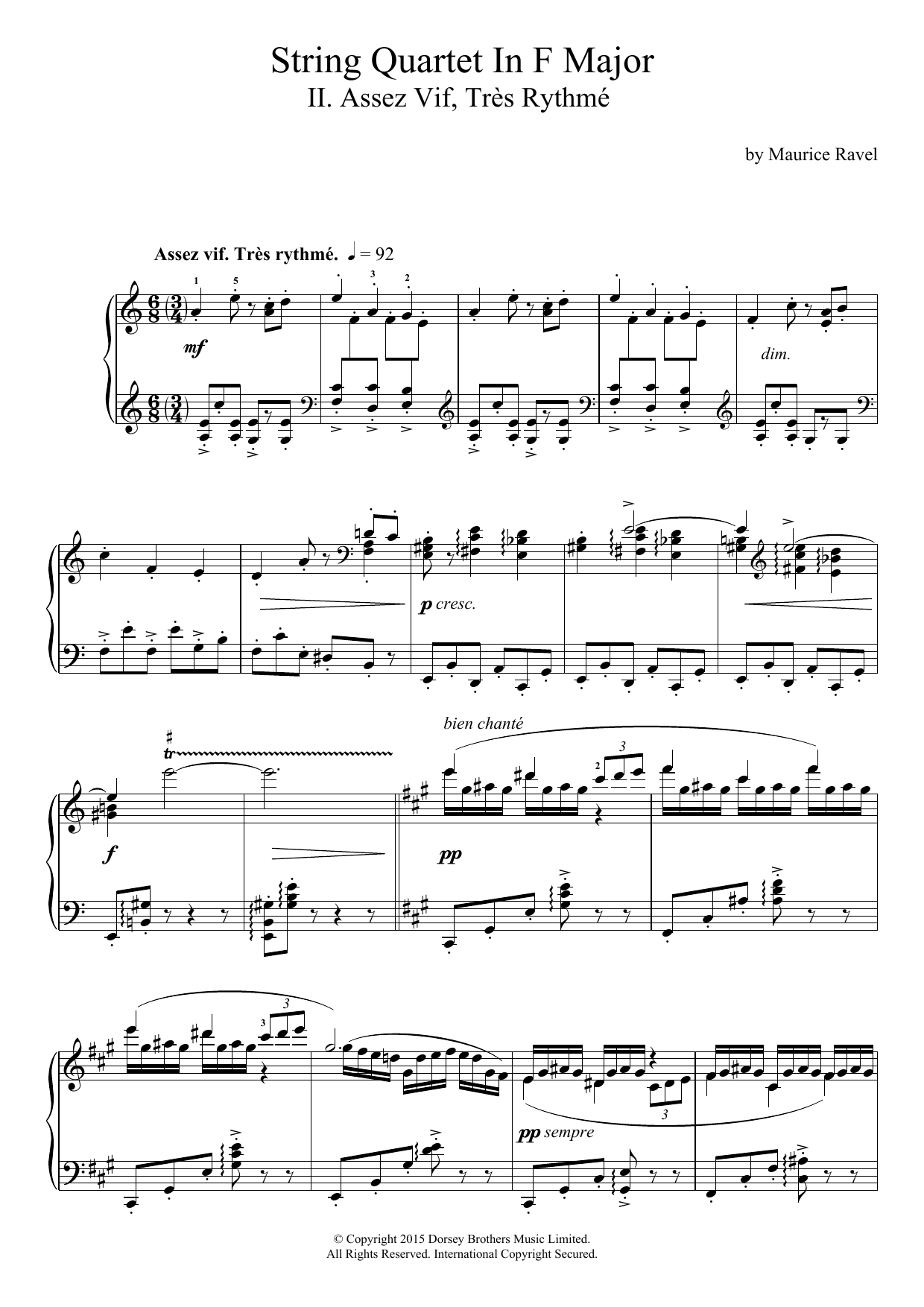Maurice Ravel String Quartet In F Major - II. Assez Vif, Très Rythmé sheet music, chords, lyrics - Printable PDF for Piano