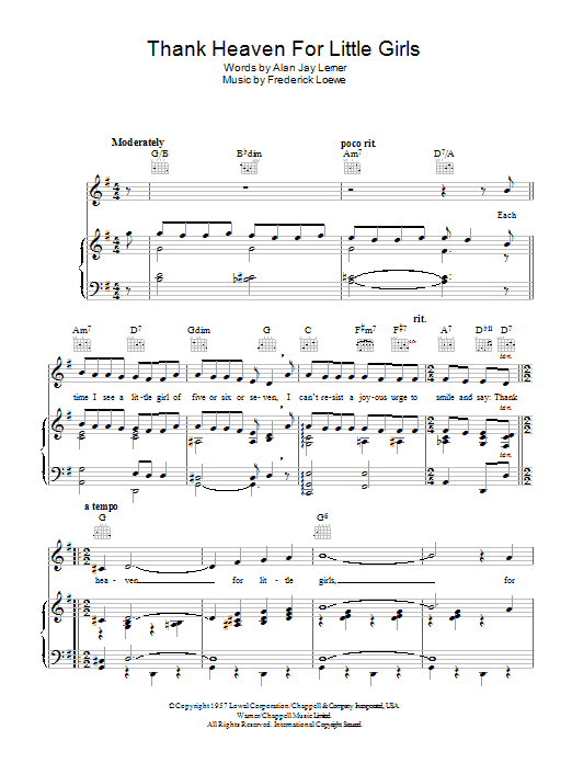 Learn to play Maurice Chevalier Thank Heaven For Little Girls sheet music for Piano, Vocal & Guitar (Right-Hand Melody) in minutes. Maurice Chevalier Thank Heaven For Little Girls sheet music preview music notes and score for Piano, Vocal & Guitar (Right-Hand Melody) including 4 page(s)