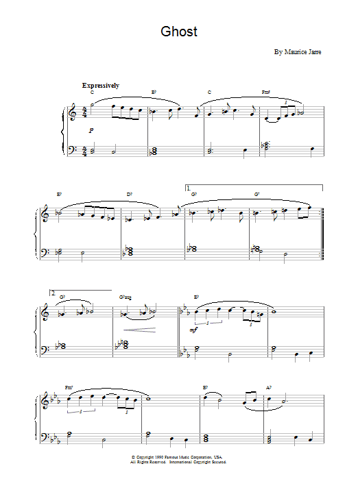 Maurice Jarre Ghost (Theme) sheet music preview music notes and score for Piano including 3 page(s)