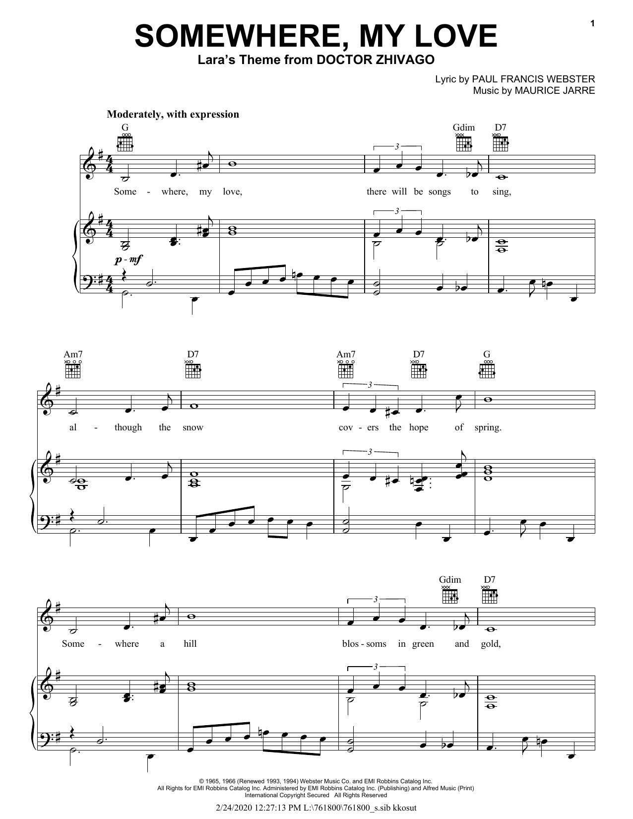 Learn to play Maurice Jarre Somewhere, My Love sheet music for Piano, Vocal & Guitar (Right-Hand Melody) in minutes. Maurice Jarre Somewhere, My Love sheet music notes and chords