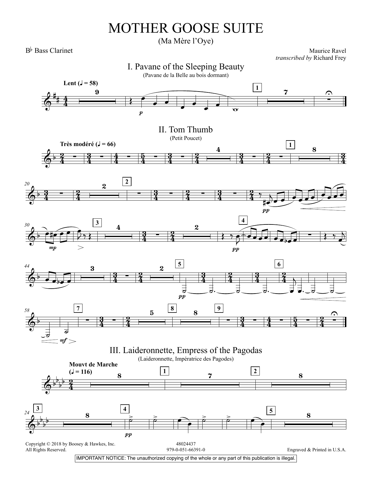 Learn to play Maurice Ravel Mother Goose Suite (Ma Mére L'Oye) (arr. Richard Frey) - Bb Bass Clarinet sheet music for Concert Band in minutes. Maurice Ravel Mother Goose Suite (Ma Mére L'Oye) (arr. Richard Frey) - Bb Bass Clarinet sheet music preview music notes and score for Concert Band including 3 page(s)