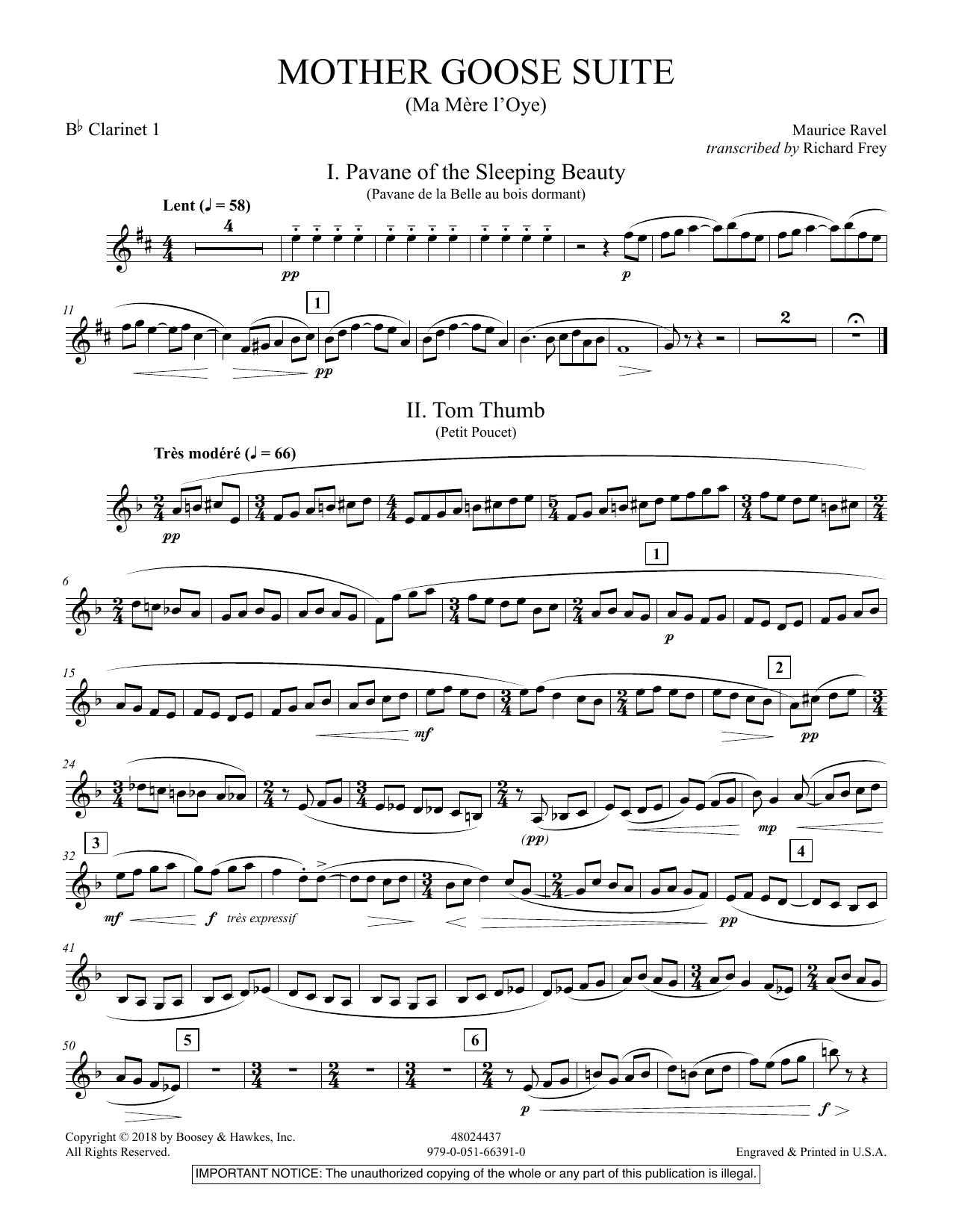 Learn to play Maurice Ravel Mother Goose Suite (Ma Mére L'Oye) (arr. Richard Frey) - Bb Clarinet 1 sheet music for Concert Band in minutes. Maurice Ravel Mother Goose Suite (Ma Mére L'Oye) (arr. Richard Frey) - Bb Clarinet 1 sheet music preview music notes and score for Concert Band including 4 page(s)