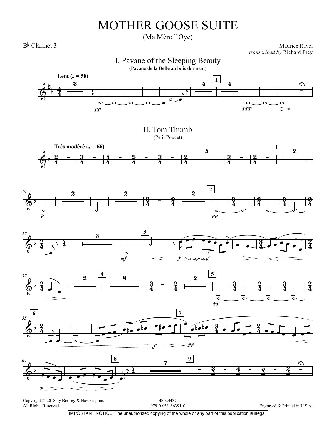 Learn to play Maurice Ravel Mother Goose Suite (Ma Mére L'Oye) (arr. Richard Frey) - Bb Clarinet 3 sheet music for Concert Band in minutes. Maurice Ravel Mother Goose Suite (Ma Mére L'Oye) (arr. Richard Frey) - Bb Clarinet 3 sheet music preview music notes and score for Concert Band including 4 page(s)