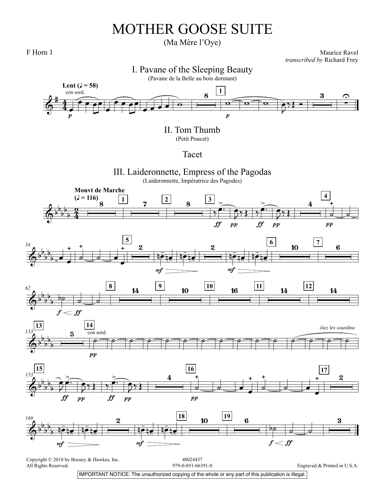 Learn to play Maurice Ravel Mother Goose Suite (Ma Mére L'Oye) (arr. Richard Frey) - F Horn 1 sheet music for Concert Band in minutes. Maurice Ravel Mother Goose Suite (Ma Mére L'Oye) (arr. Richard Frey) - F Horn 1 sheet music preview music notes and score for Concert Band including 2 page(s)