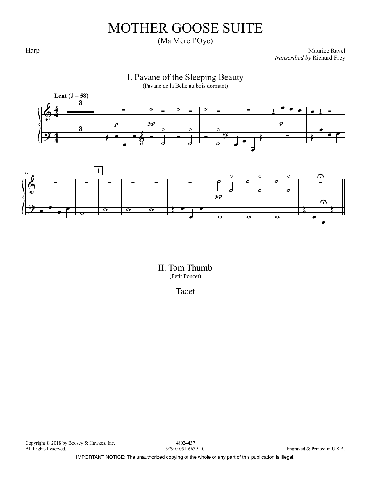 Learn to play Maurice Ravel Mother Goose Suite (Ma Mére L'Oye) (arr. Richard Frey) - Harp sheet music for Concert Band in minutes. Maurice Ravel Mother Goose Suite (Ma Mére L'Oye) (arr. Richard Frey) - Harp sheet music preview music notes and score for Concert Band including 7 page(s)