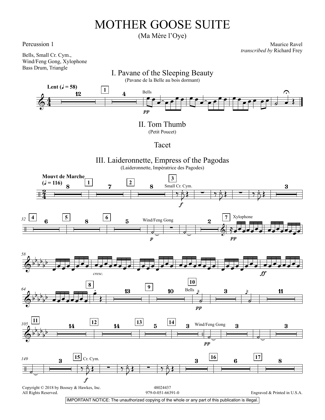 Learn to play Maurice Ravel Mother Goose Suite (Ma Mére L'Oye) (arr. Richard Frey) - Percussion 1 sheet music for Concert Band in minutes. Maurice Ravel Mother Goose Suite (Ma Mére L'Oye) (arr. Richard Frey) - Percussion 1 sheet music preview music notes and score for Concert Band including 2 page(s)