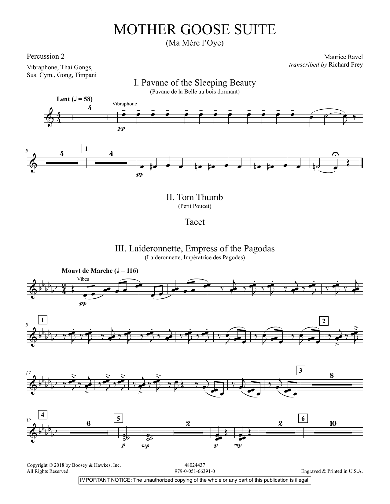Learn to play Maurice Ravel Mother Goose Suite (Ma Mére L'Oye) (arr. Richard Frey) - Percussion 2 sheet music for Concert Band in minutes. Maurice Ravel Mother Goose Suite (Ma Mére L'Oye) (arr. Richard Frey) - Percussion 2 sheet music preview music notes and score for Concert Band including 3 page(s)