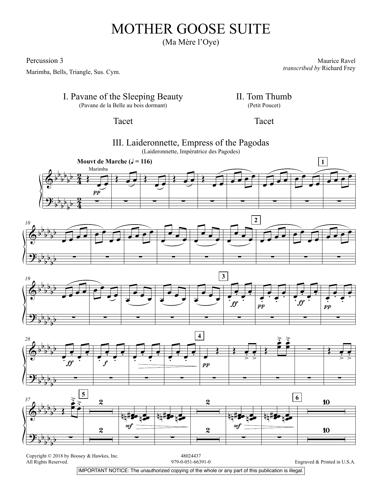 Learn to play Maurice Ravel Mother Goose Suite (Ma Mére L'Oye) (arr. Richard Frey) - Percussion 3 sheet music for Concert Band in minutes. Maurice Ravel Mother Goose Suite (Ma Mére L'Oye) (arr. Richard Frey) - Percussion 3 sheet music preview music notes and score for Concert Band including 4 page(s)
