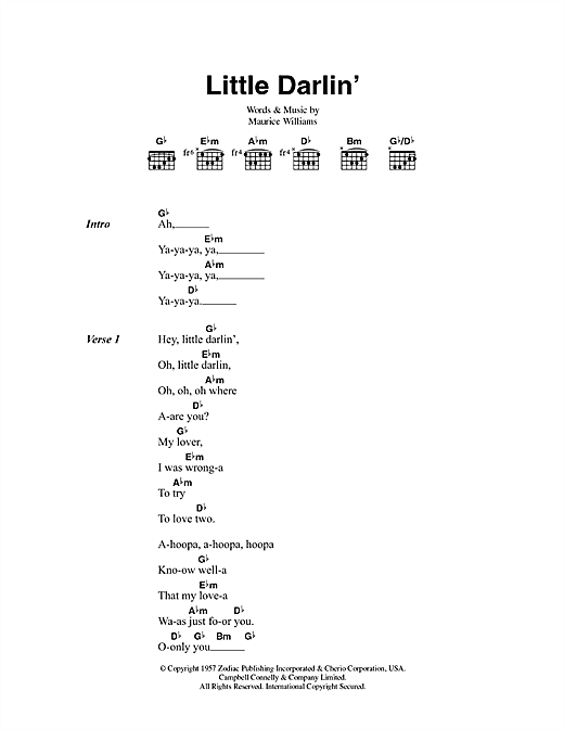 Maurice Williams Little Darlin' sheet music, chords, lyrics - Printable PDF for Lyrics & Chords