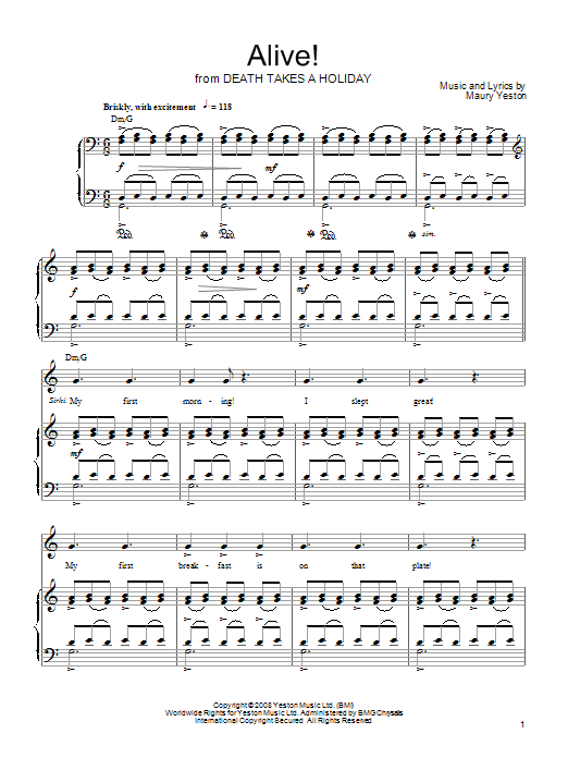 Learn to play Maury Yeston Alive! sheet music for Piano, Vocal & Guitar (Right-Hand Melody) in minutes. Maury Yeston Alive! sheet music preview music notes and score for Piano, Vocal & Guitar (Right-Hand Melody) including 10 page(s)