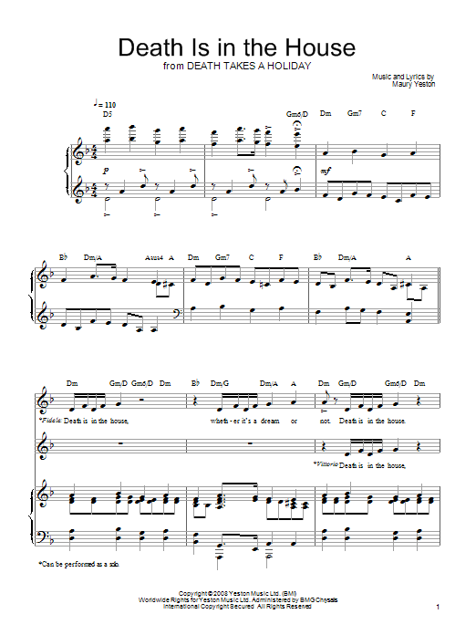 Learn to play Maury Yeston Death Is In The House sheet music for Piano, Vocal & Guitar (Right-Hand Melody) in minutes. Maury Yeston Death Is In The House sheet music preview music notes and score for Piano, Vocal & Guitar (Right-Hand Melody) including 7 page(s)