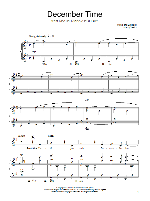 Learn to play Maury Yeston December Time sheet music for Piano, Vocal & Guitar (Right-Hand Melody) in minutes. Maury Yeston December Time sheet music preview music notes and score for Piano, Vocal & Guitar (Right-Hand Melody) including 6 page(s)