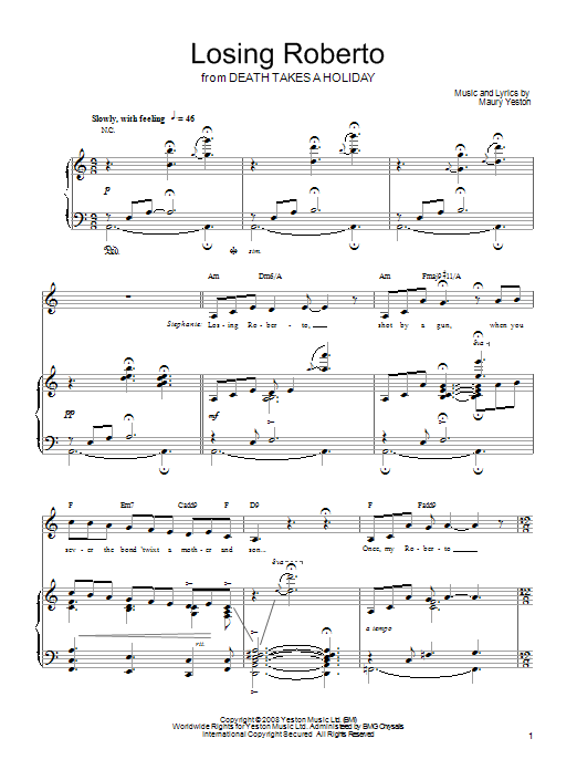Learn to play Maury Yeston Losing Roberto sheet music for Piano, Vocal & Guitar (Right-Hand Melody) in minutes. Maury Yeston Losing Roberto sheet music preview music notes and score for Piano, Vocal & Guitar (Right-Hand Melody) including 5 page(s)