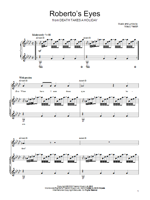 Learn to play Maury Yeston Roberto's Eyes sheet music for Piano, Vocal & Guitar (Right-Hand Melody) in minutes. Maury Yeston Roberto's Eyes sheet music preview music notes and score for Piano, Vocal & Guitar (Right-Hand Melody) including 12 page(s)