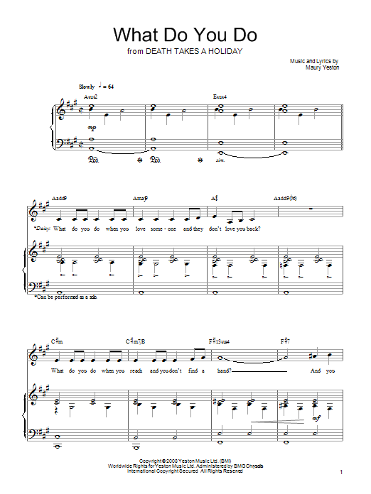 Learn to play Maury Yeston What Do You Do sheet music for Piano, Vocal & Guitar (Right-Hand Melody) in minutes. Maury Yeston What Do You Do sheet music preview music notes and score for Piano, Vocal & Guitar (Right-Hand Melody) including 4 page(s)