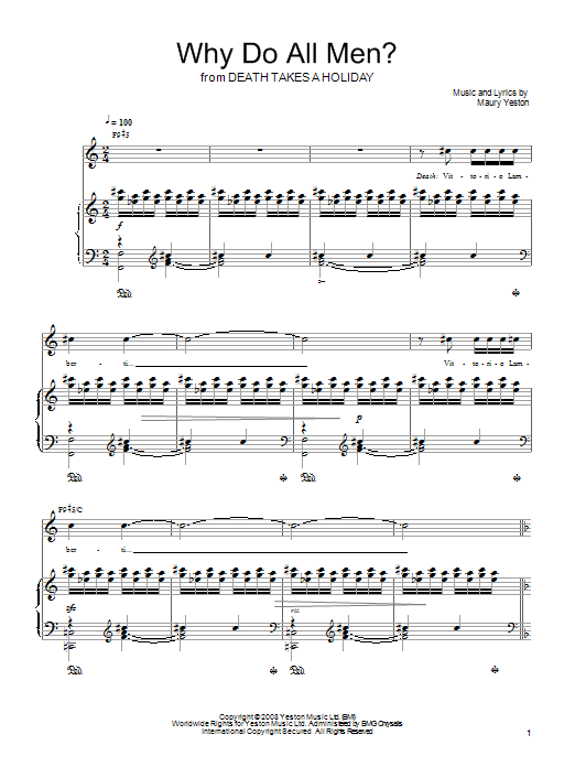 Learn to play Maury Yeston Why Do All Men? sheet music for Piano, Vocal & Guitar (Right-Hand Melody) in minutes. Maury Yeston Why Do All Men? sheet music preview music notes and score for Piano, Vocal & Guitar (Right-Hand Melody) including 6 page(s)