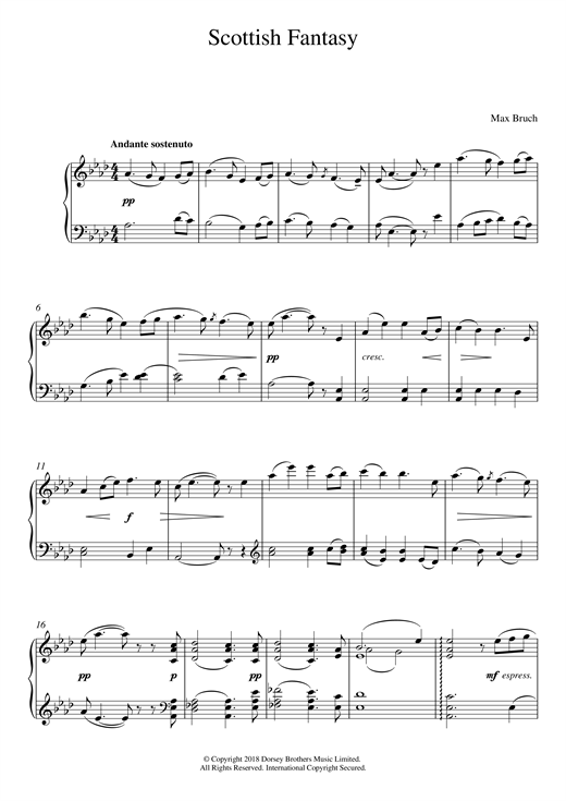 Learn to play Max Bruch Scottish Fantasy, Op. 46 sheet music for Piano in minutes. Max Bruch Scottish Fantasy, Op. 46 sheet music preview music notes and score for Piano including 4 page(s)