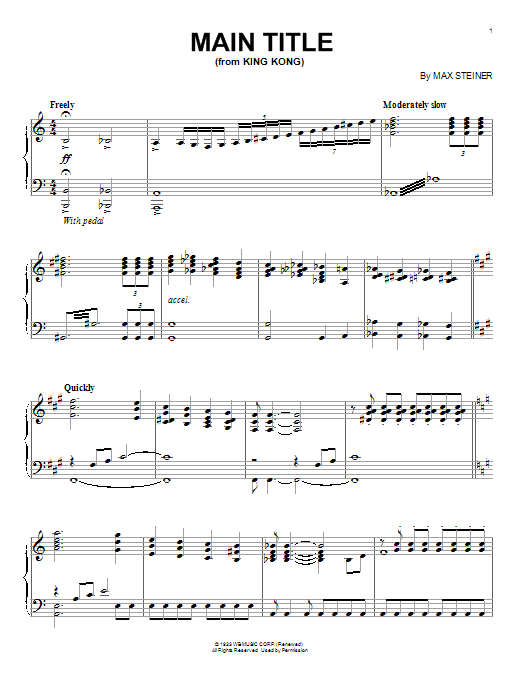 Learn to play Max Steiner King Kong (Main Title) sheet music for Piano in minutes. Max Steiner King Kong (Main Title) sheet music preview music notes and score for Piano including 3 page(s)