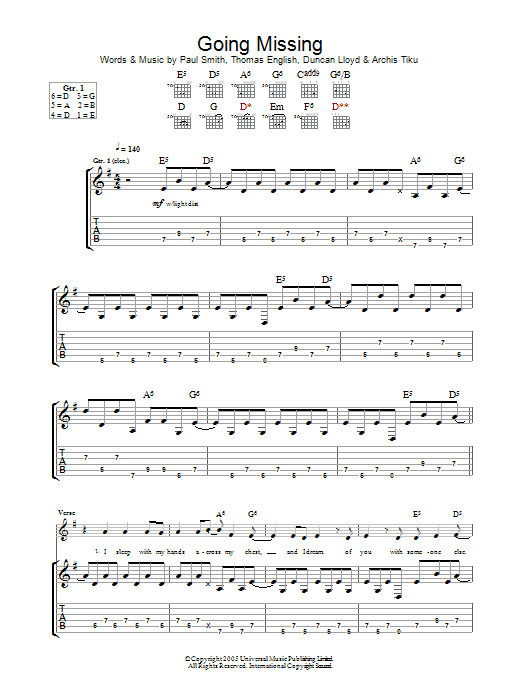 Maximo Park Going Missing sheet music preview music notes and score for Guitar Tab including 8 page(s)