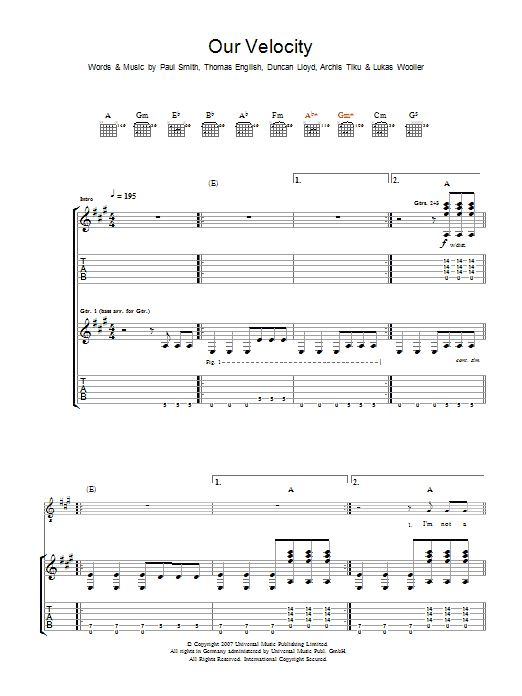 Maximo Park Our Velocity sheet music preview music notes and score for Guitar Tab including 6 page(s)