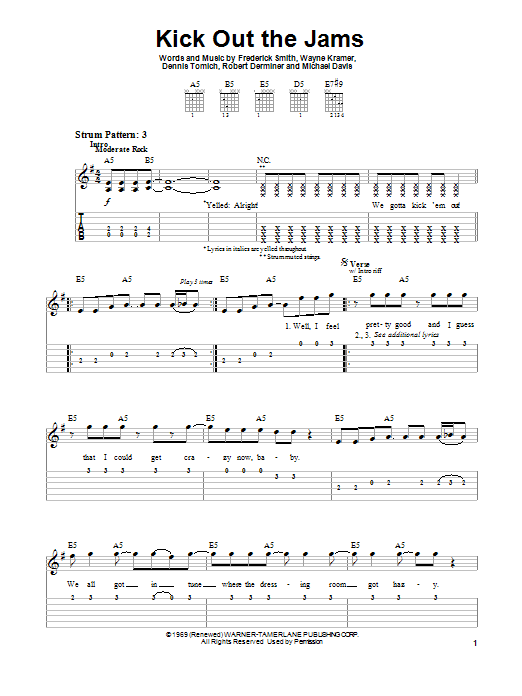 Learn to play MC5 Kick Out The Jams sheet music for Easy Guitar Tab in minutes. MC5 Kick Out The Jams sheet music preview music notes and score for Easy Guitar Tab including 3 page(s)
