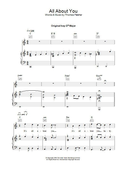 McFly All About You sheet music preview music notes and score for Piano, Vocal & Guitar (Right-Hand Melody) including 5 page(s)