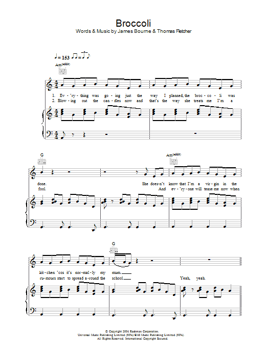 McFly Broccoli sheet music preview music notes and score for Piano, Vocal & Guitar (Right-Hand Melody) including 5 page(s)