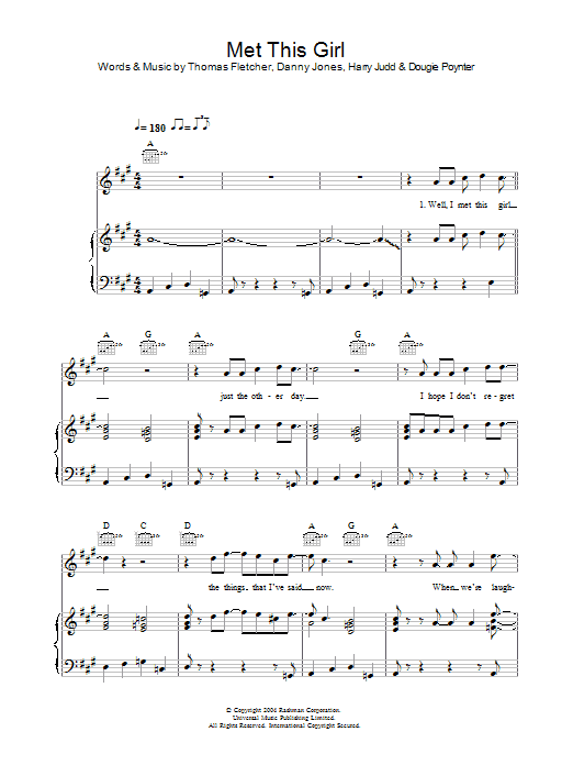 McFly Met This Girl sheet music preview music notes and score for Piano, Vocal & Guitar (Right-Hand Melody) including 6 page(s)