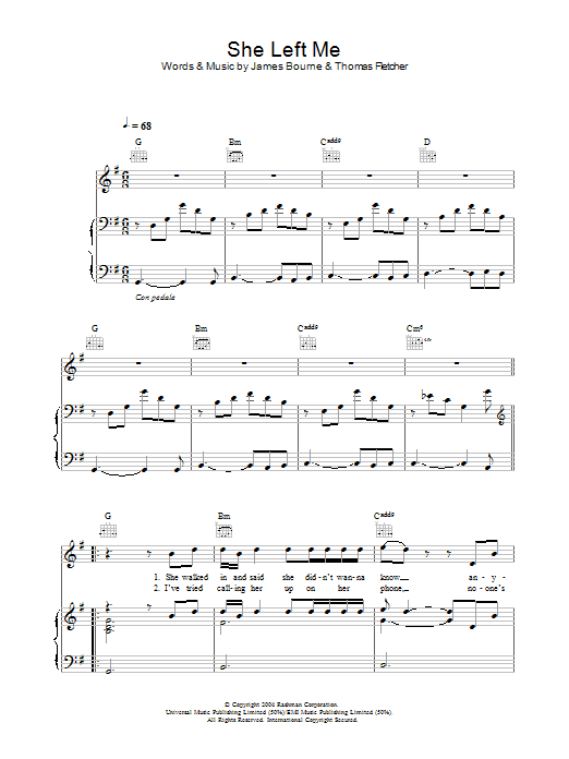 McFly She Left Me sheet music preview music notes and score for Piano, Vocal & Guitar (Right-Hand Melody) including 5 page(s)