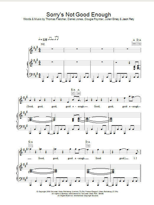 McFly Sorry's Not Good Enough sheet music preview music notes and score for Piano, Vocal & Guitar including 7 page(s)
