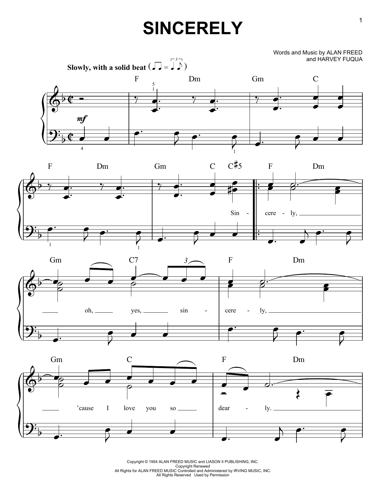 The McGuire Sisters Sincerely sheet music preview music notes and score for Easy Piano including 4 page(s)