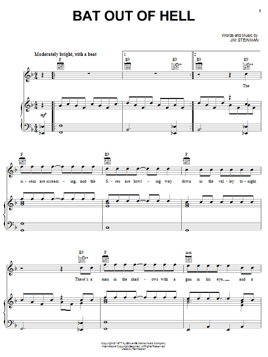 Learn to play Meat Loaf Bat Out Of Hell sheet music for Piano, Vocal & Guitar (Right-Hand Melody) in minutes. Meat Loaf Bat Out Of Hell sheet music notes and chords