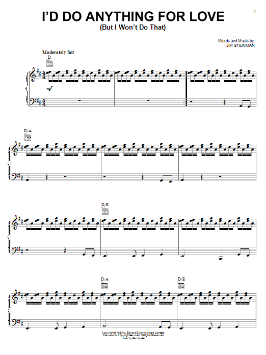 Learn to play Meat Loaf I'd Do Anything For Love (But I Won't Do That) sheet music for Piano, Vocal & Guitar (Right-Hand Melody) in minutes. Meat Loaf I'd Do Anything For Love (But I Won't Do That) sheet music notes and chords