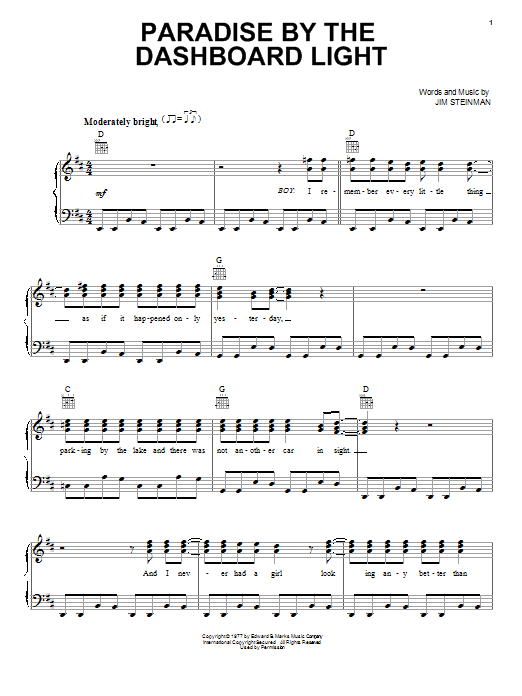 Learn to play Meat Loaf Paradise By The Dashboard Light sheet music for Piano, Vocal & Guitar (Right-Hand Melody) in minutes. Meat Loaf Paradise By The Dashboard Light sheet music notes and chords
